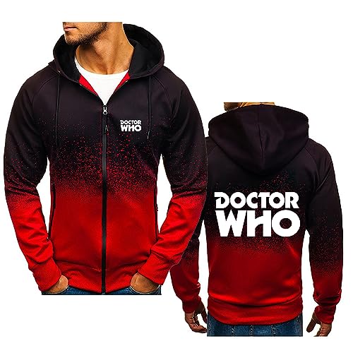 HARLSO Herren-Kapuzenpullover für Doctor Who, langärmelig, mit Reißverschluss, Kapuzenjacke, schmal geschnittenes Sweatshirt, Sportoberteil mit Taschen, Outdoor-Sport, Lauf-Cardigan,Red-3XL von HARLSO