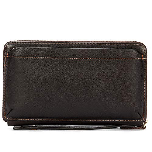 HARMILIY Leder Handgelenktasche Herren Geschäft Handtasche Herrentasche Groß Geldbörse Echtleder Karten Clutch Tasche mit Reißverschluss für Männer von BULLCAPTAIN