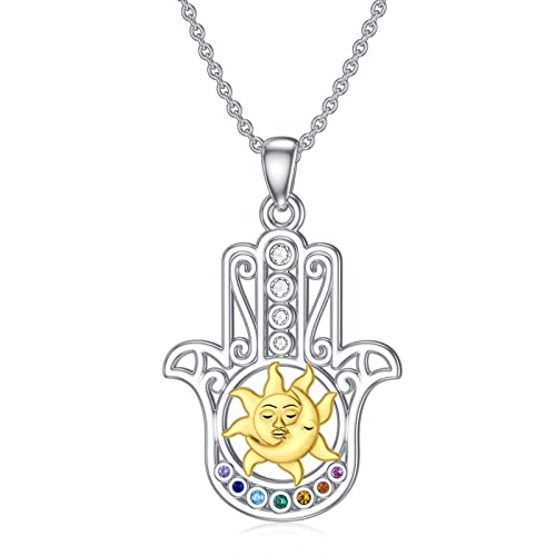 HARMONY BOLA Chakra Hamsa Hand Halskette Sterling Silber Fatima Mond Sonne Anhänger Schmuck Weihnachtsschmuck Geschenke für Frauen Mädchen von HARMONY BOLA