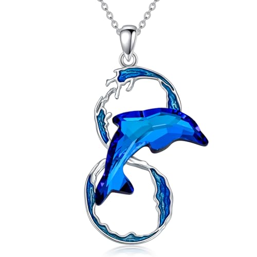 HARMONY BOLA Delfin Halskette 925 Sterlingsilber Blauem Kristall Delfin Anhänger Ozeanwellen Schmuck Geschenke für Frauen Mädchen zum Geburtstag von HARMONY BOLA