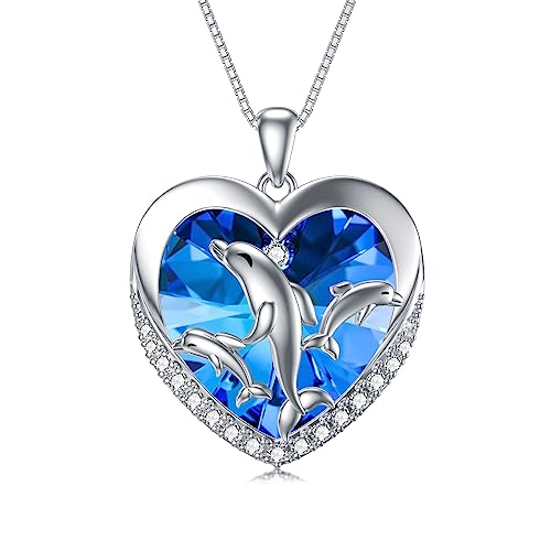 HARMONY BOLA Delfin Halskette 925 Sterlingsilber Herz Kristall Delfin Anhänger Blauer Ozean Schmuck Geburtstagsgeschenke für Frauen von HARMONY BOLA
