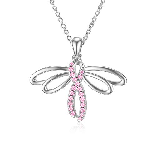 HARMONY BOLA Halskette mit Libelle zur Aufklärung über Brustkrebs Halskette mit Libellenanhänger 925 Sterlingsilber Halskette mit rosa Schleife Geschenke für Brustkrebsüberlebende für Frauen von HARMONY BOLA