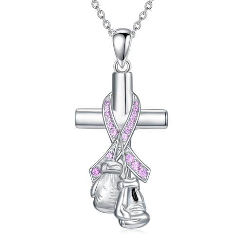 HARMONY BOLA Halskette zur Aufklärung über Brustkrebs 925 Sterlingsilber Anhänger mit Boxhandschuhen und Kreuz Schmuck Geschenke für Krebsüberlebende für Frauen von HARMONY BOLA