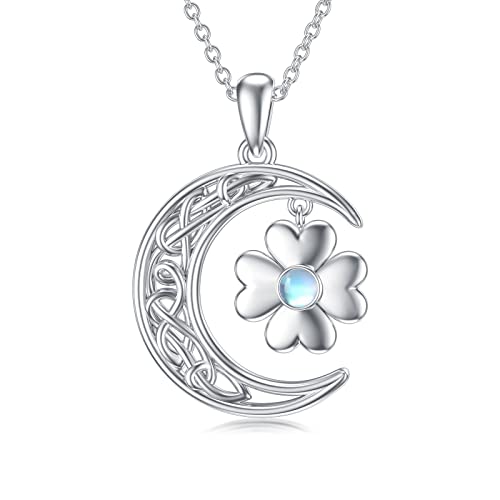 HARMONY BOLA Keltischer Knoten Vierblättriges Kleeblatt Sterlingsilber Mondstein Kleeblatt Anhänger Halskette für Frauen Mädchen Glücksschmuck Geburtstag Muttertagsgeschenke von HARMONY BOLA