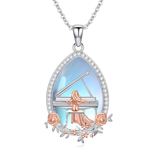 HARMONY BOLA Klavier Halskette mit Mondstein 925 Sterlingsilber Halskette mit Klavieranhänger Musikschmuck für Damen Geburtstag Weihnachten von HARMONY BOLA