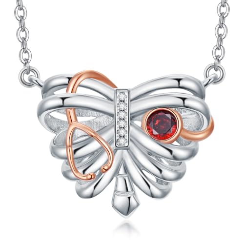 HARMONY BOLA Stethoskop Halskette für Damen 925 Sterlingsilber Brustkorb Anhänger Juli Geburtssteinen Schmuck mit MedizinMotiven Medizinische Pflegegeschenke zum Schulabschluss Geburtstag von HARMONY BOLA