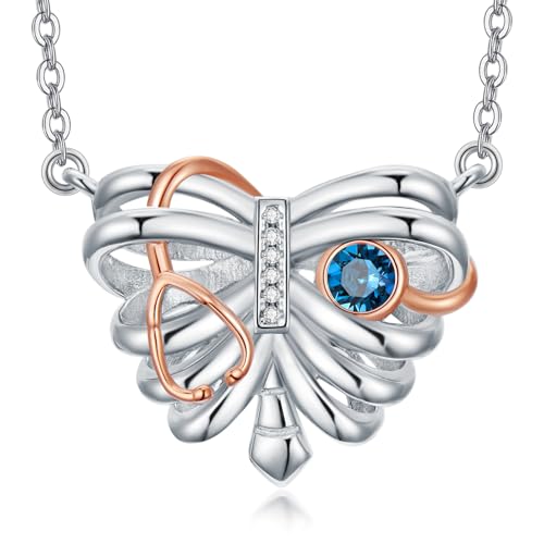 HARMONY BOLA Stethoskop Halskette für Damen 925 Sterlingsilber Brustkorb Anhänger Oktober Geburtssteinen Schmuck mit MedizinMotiven Medizinische Pflegegeschenke zum Schulabschluss Geburtstag von HARMONY BOLA