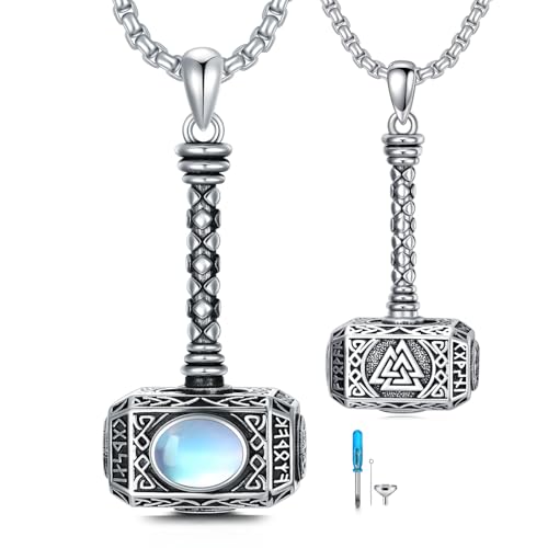 HARMONY BOLA Thors Hammer Halskette 925 Sterlingsilber Mondstein Mjölnir Halskette Urnen Halskette für Asche Wikinger Einäscherungsschmuck für Männer Frauen von HARMONY BOLA