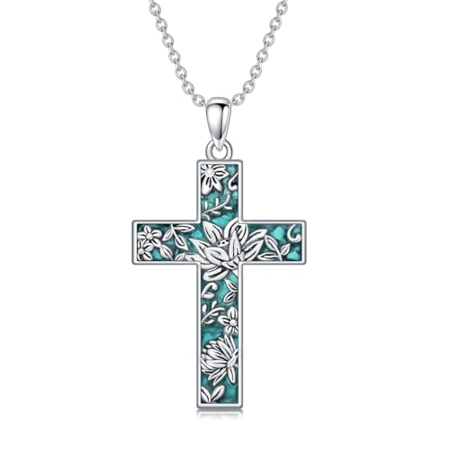 HARMONY BOLA Türkis Lotus Kreuz Halskette 925 Sterlingsilber Lotus Anhänger Türkis Blumenschmuck Muttertag Geburtstag für Frauen Mutter von HARMONY BOLA