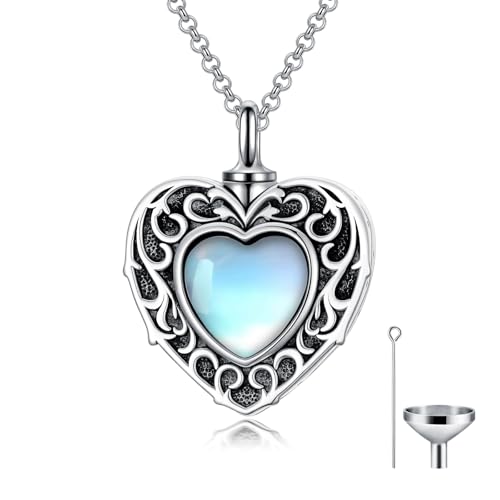 HARMONY BOLA Urnen Kette Aus Mondstein Urnenketten für Asche 925er Sterlingsilber Trauerschmuck Herzförmiger Anhänger Zur Urnenkette Einäscherung Gedenkschmuck Geschenke für Frauen Männer von HARMONY BOLA