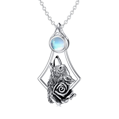 HARMONY BOLA Wolf Anhänger 925er Sterlingsilber Rosenmondstein Halskette Wolf Schmuck für Damen und Herren Geburtstagsgeschenk Valentinstag Muttertag von HARMONY BOLA