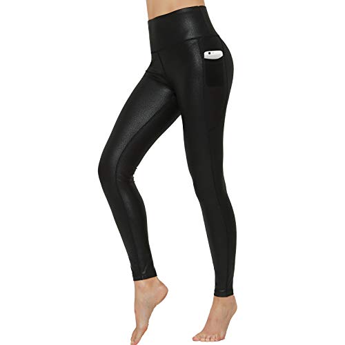 HARTPOR Capri-Leggings für Damen, mit Kunstleder beschichtet, Stretch, hohe Taille, mit Taschen, Workout-Strumpfhose, Yogahose - Schwarz - X-Groß von HARTPOR