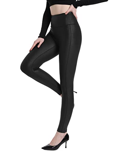 HARTPOR Damen Kunstleder Leggings Stretch Hohe Taille Glänzende Leggings Lederhose Pleather Leggings Yogahose, Schwarz, Groß von HARTPOR