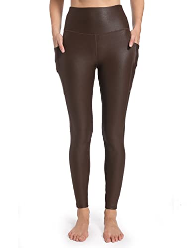 HARTPOR Damen Leggings aus Kunstleder, Stretch, hohe Taille, Yogahose mit Taschen, braun, Groß von HARTPOR