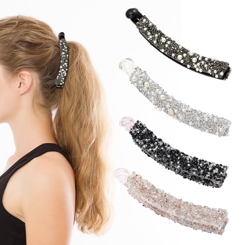 4 Stück banana clip Banana Haarspange mit Perlen und Kristallen banana clip dünnes haar Modischer Vintage Haarklammer Leichte, rutschfeste Bananenspange geeignet für lange feine oder dichte Haare von HARY