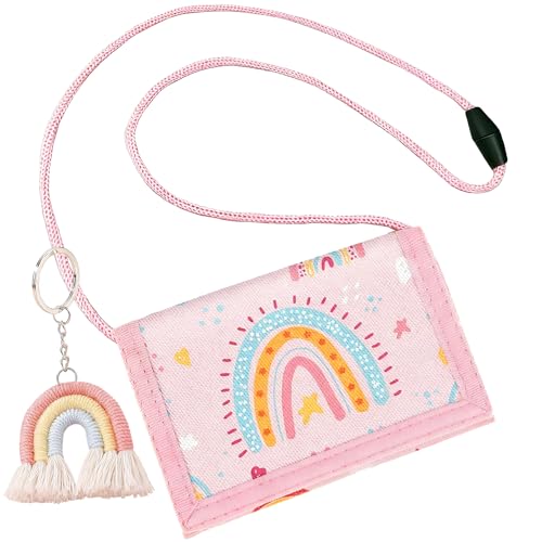 HARY Brustbeutel Kinder Geldbeutel Mädchen mit Regenbogen Anhänger Dreifach Faltbares Portmonee Kinder für Mädchen (Rosa) von HARY