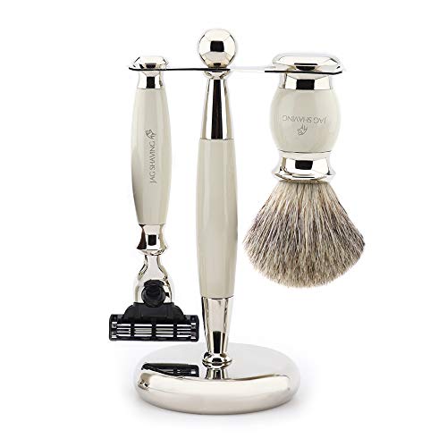 Jag Shaving Rasierset – Rasierhobel – Rasierpinsel Dachshaar – Rasierständer – 3 teiliges Rasierer Set Herren Damen, 3 Rasierklingen Rasierhobel – Elfenbein Rasierset als Geschenkset von HARYALI LONDON