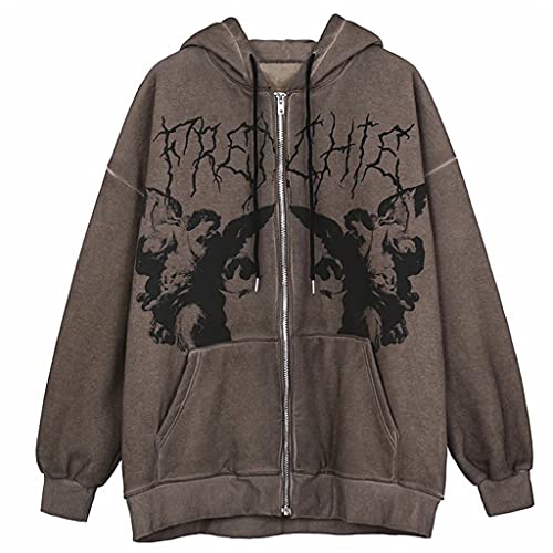 HARZELN Damen Langarm Hoodies Jacke Gothic Punk Engel Print Oversized Sweatshirt Mantel von HARZELN