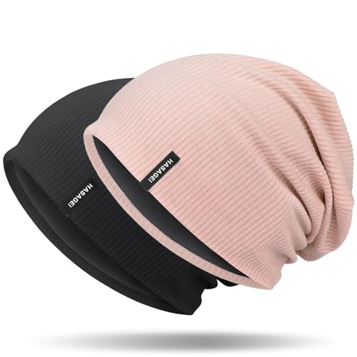 HASAGEI Mütze Herren Damen, Slouch Beanie Mütze Damen, Übergangszeit Weiche Leicht Modische Jersey Beanie, Unisex Warm Winter Mütze Ideal für Frühling Herbst und Winter (Schwarz+Rosa) von HASAGEI