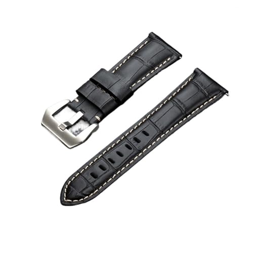HASGTFM 20 22 24 26 mm Leder-Uhrenarmband, blaues Armband, Uhrenzubehör, Armband mit massiver Metallschnalle(Black(silver),24mm) von HASGTFM