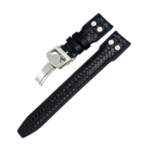 HASGTFM 20mm 21mm 22mm Nietengewebtes Leder-Uhrenarmband passend for IWC Big Pilot Portugieser Pilot IW3777 passend for Seiko-Uhrenarmband(Black Silver Round,21mm) von HASGTFM