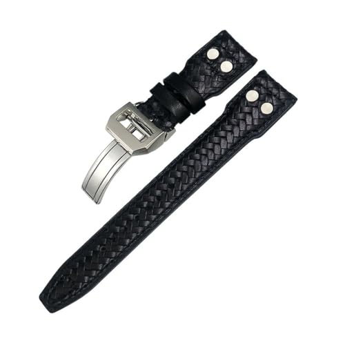 HASGTFM 20mm 21mm 22mm Nietengewebtes Leder-Uhrenarmband passend for IWC Big Pilot Portugieser Pilot IW3777 passend for Seiko-Uhrenarmband(Black Silver Square,20mm) von HASGTFM