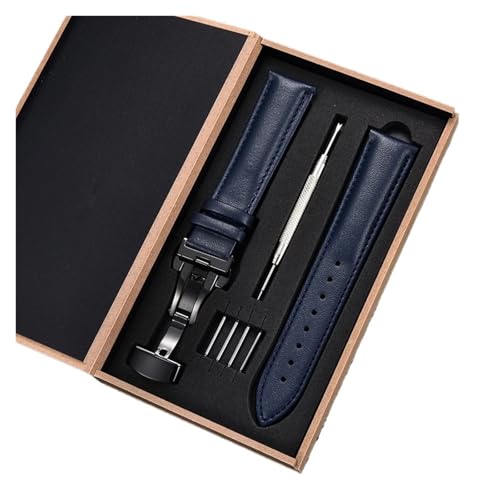 HASGTFM Leder Uhrenarmbänder Automatische Schmetterling Schnalle Männer Frauen Armbänder 18mm 20mm 22mm 24mm Riemen Uhr Zubehör(Blue-black,20mm) von HASGTFM