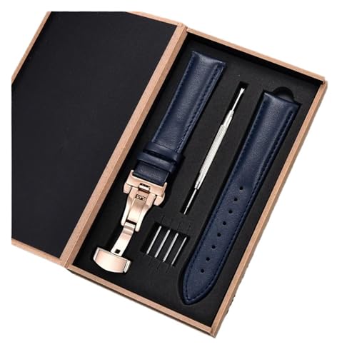 HASGTFM Leder Uhrenarmbänder Automatische Schmetterling Schnalle Männer Frauen Armbänder 18mm 20mm 22mm 24mm Riemen Uhr Zubehör(Blue-rose,24mm) von HASGTFM