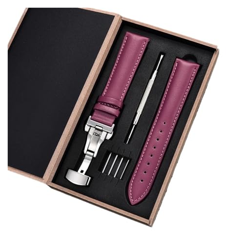 HASGTFM Leder Uhrenarmbänder Automatische Schmetterling Schnalle Männer Frauen Armbänder 18mm 20mm 22mm 24mm Riemen Uhr Zubehör(Purple-silver,24mm) von HASGTFM