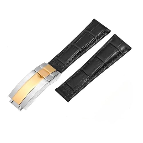 HASGTFM Muster-Leder-Uhrenarmbänder, 20 mm, passend for Rolex-Uhrenarmband, Daytona Submariner GMT RX-Armband, Faltschließe(Black-silver gold) von HASGTFM