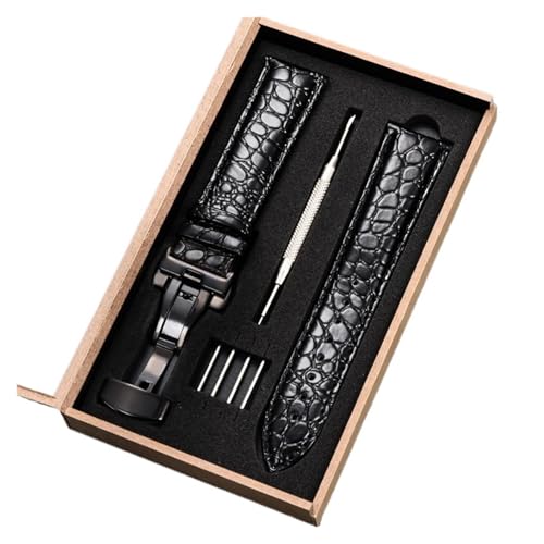 HASGTFM Muster Leder Uhrenarmbänder Edelstahl Butterfly Schnalle 18mm 20mm 22mm 24mm Business Armband mit Geschenkbox(Black-black,20mm) von HASGTFM