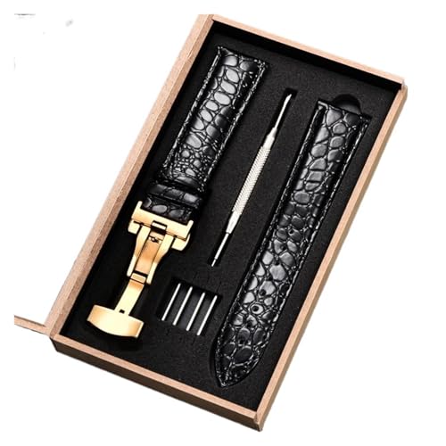 HASGTFM Muster Leder Uhrenarmbänder Edelstahl Butterfly Schnalle 18mm 20mm 22mm 24mm Business Armband mit Geschenkbox(Black-gold,20mm) von HASGTFM