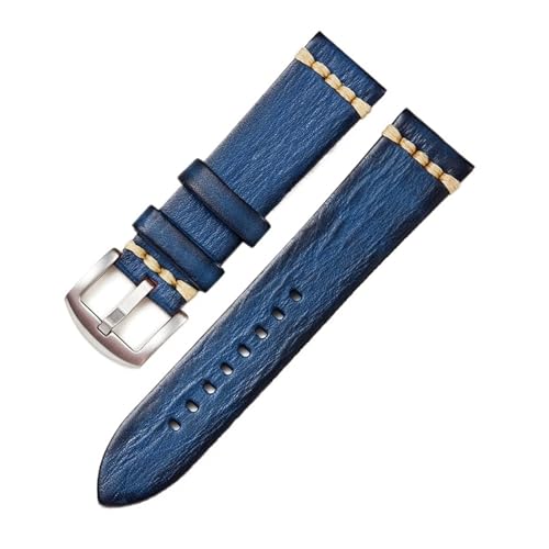 HASGTFM Uhrenarmband aus Leder, handgefertigt, Vintage-Armband, 18 mm, 20 mm, 22 mm, 24 mm, mit massiver Schnalle(Blue-s,18mm) von HASGTFM