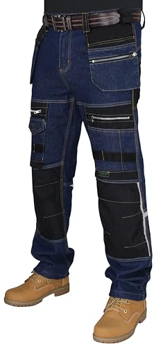 HASHOOB TRADING FZE Herren Arbeitshose, Arbeitshose, mehrere Taschen, Cargohose, robuste Hose (3J-BLUE3-30WX32L) von HASHOOB TRADING FZE