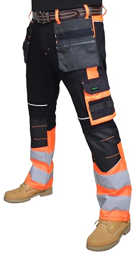 HASHOOB TRADING FZE Herren-Arbeitshose mit reflektierendem Band, hohe Sichtbarkeit, mehrere Taschen, Orange, 32 W/30 L von HASHOOB TRADING FZE