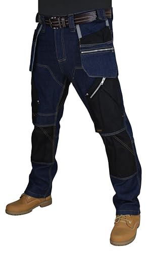 HASHOOB TRADING FZE Herren Arbeitshosen Arbeiten Jeans Maler Hosen Hochleistungs Multi Taschen Ladungs Hosen (2-BLUE2-36WX30L) von HASHOOB TRADING FZE