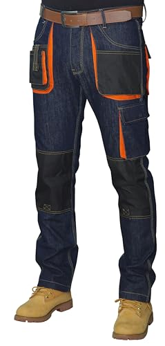HASHOOB TRADING FZE Herren Arbeitshosen Arbeiten Jeans Maler Hosen Hochleistungs Multi Taschen Ladungs Hosen (2-BLUE5-38WX30L) von HASHOOB TRADING FZE