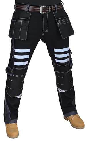 HASHOOB TRADING FZE Herren Arbeitshosen Schwerlast Cargo Arbeitshose Kniepolster Cordura Taschen Dreifach genäht Arbeitskleidung (W5-Black, 32W X 32L) von HASHOOB TRADING FZE