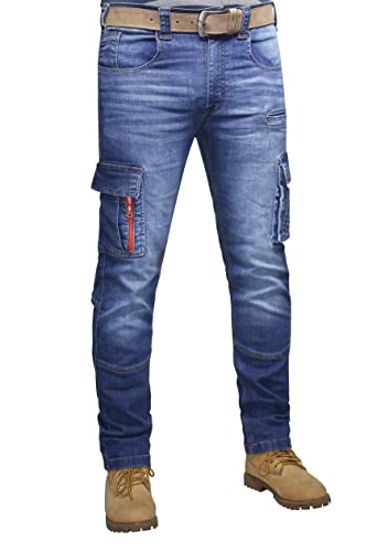 Herren Jeans Cargo Denim Kampfhose gerades Bein, normale Passform, stilvolle und funktionelle Arbeits JeansHose, mit mehreren Taschen, Stone Wash – in allen Taillengrößen erhältlich (BLUE1-32WX34L) von HASHOOB TRADING FZE