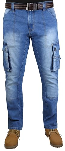 Herren Jeans Cargo Denim Kampfhose gerades Bein, normale Passform, stilvolle und funktionelle Arbeits JeansHose, mit mehreren Taschen, Stone Wash – in allen Taillengrößen erhältlich (BLUE2-36WX34L) von HASHOOB TRADING FZE