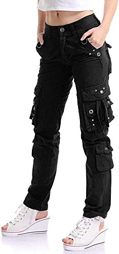 HASHOOB Damen Cargohose Militär Jeans Hosen Sporthose Outdoorhose Arbeitshose (BLACK1, 12) von HASHOOB