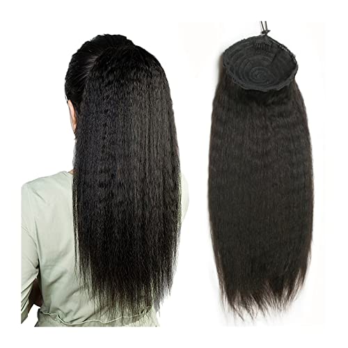 Fake Hair Verworrene glatte Echthaar-Pferdeschwanzverlängerung for schwarze Frauen, natürliches Schwarz, 12–26 Zoll, Afro-Puff-Clip in Kordelzug, Pferdeschwanz-Haarverlängerungsstücke Ponytail (Color von HASMI