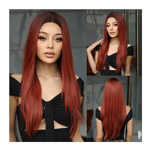 Gewellte Spitzenperücken 24 Zoll/60 cm lange rotbraune gerade synthetische Perücken Burgunderrotes Haar Cosplay-Perücke Mittelteil for Frauen Afro Natural Daily Party Hitzebeständig Natürliche synthet von HASMI