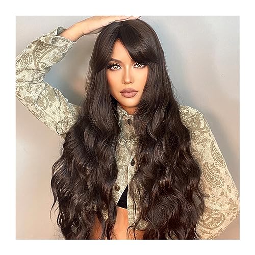 Gewellte Spitzenperücken Synthetische schwarze dunkelbraune lange gewellte Perücke mit Pony, Wasserwelle, Cosplay, täglicher Gebrauch, Perücken for Frauen, Afro, hitzebeständiges Naturhaar Natürliche von HASMI