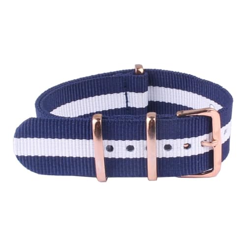 HASMI Kompatible Roségold-Schnalle, 18 mm, 20 mm, 22 mm, Streifen-Cambo-Uhrenstoff, Nylon-Uhrenarmbänder (Color : Navy White Navy, Size : Medium) von HASMI