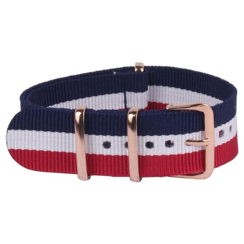 HASMI Kompatible Roségold-Schnalle, 18 mm, 20 mm, 22 mm, Streifen-Cambo-Uhrenstoff, Nylon-Uhrenarmbänder (Color : Red White Navy, Size : 20mm) von HASMI