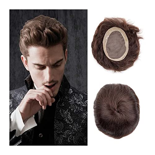 Herren Haarteil Braun Herren Toupee Poly Coating Feine Mono NPU Haarteile Gerade Indisches Echthaar Herren Echthaar Ersatzsysteme Toupet für Männer (Color : 30mm Wave Toupee 110%, Size : 9x11) von HASMI