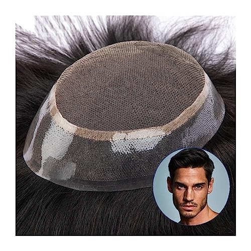 Herren Haarteil Haarteile und Perücken, Echthaar-Männer-Toupet, französische Spitze mit 2,5 cm transparentem Poly-Rundum-Haar-Toupet, 15,2 cm Länge, Ersatzsystem, männliche Haarprothese Toupet für Män von HASMI