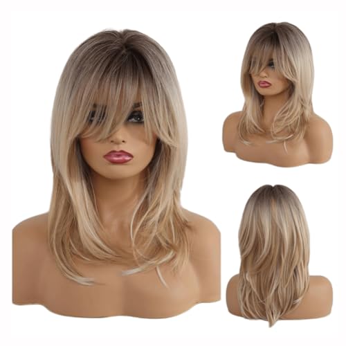Realistische Perücke Lockige Perücke für Frauen, synthetische Perücken, blonde Ombre-Naturhaar-Perücken mit Pony, geschichtete Cosplay-Perücken, hitzebeständige synthetische Perücke von HASMI