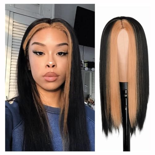 Realistische Perücke 24-Zoll-Perücken für Frauen, lange, gerade Skunk-Streifen-Perücken, synthetische hitzebeständige Perücken, modischer Mittelteil, hitzebeständiges Haar von HASMI